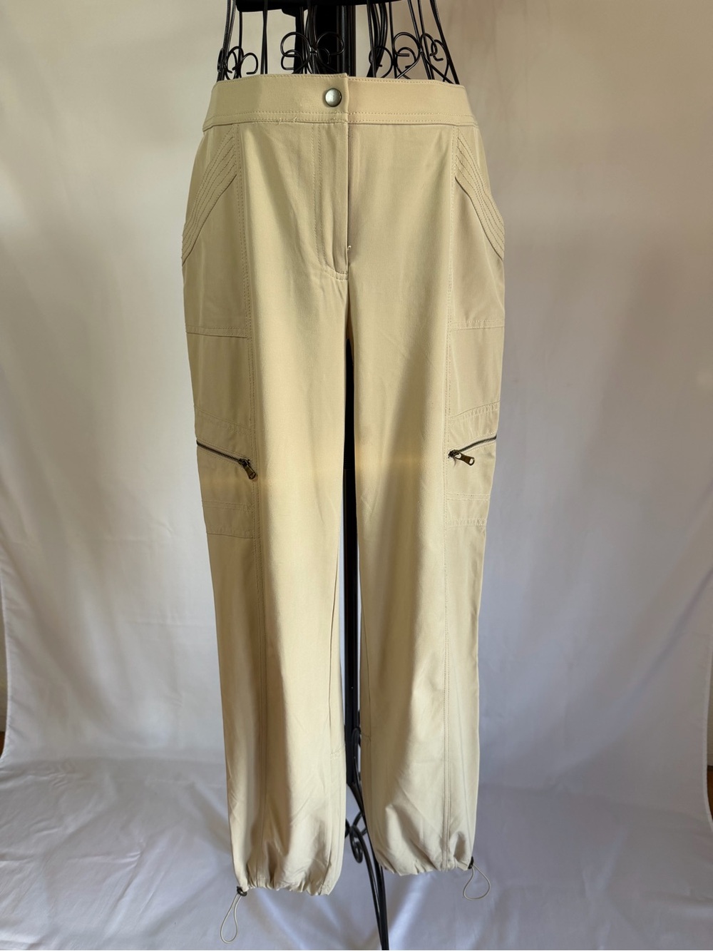 Women's Beige Drawstring Cargo Joggers with Zip Pockets